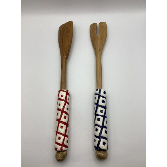 Hand Painted Serving Wooden Fork & Spoon with Ceramic ends, Made In Siena Italy - Picture 5 of 7